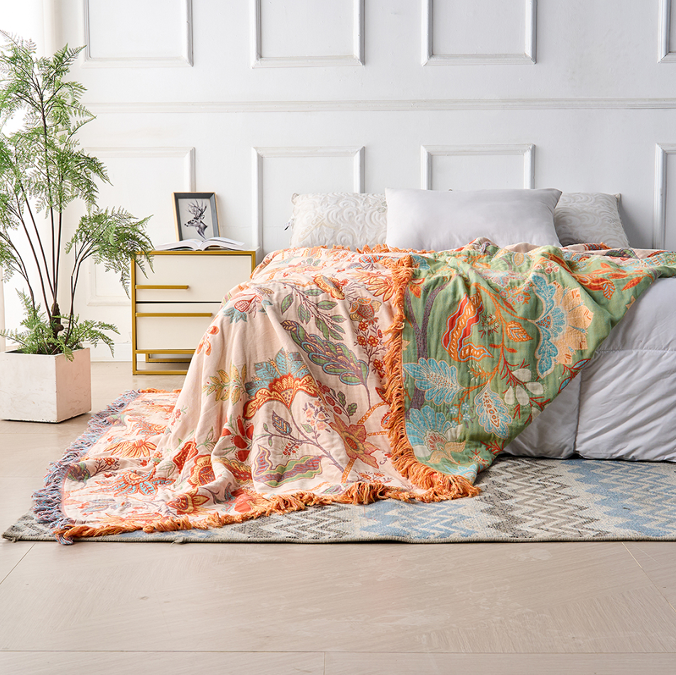 Skanto | Boho Floral Cotton Throw Blanket with Fringe – Krem & Oransje