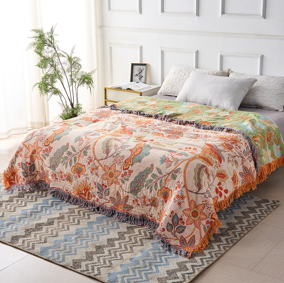 Skanto | Boho Floral Cotton Throw Blanket with Fringe – Krem & Oransje
