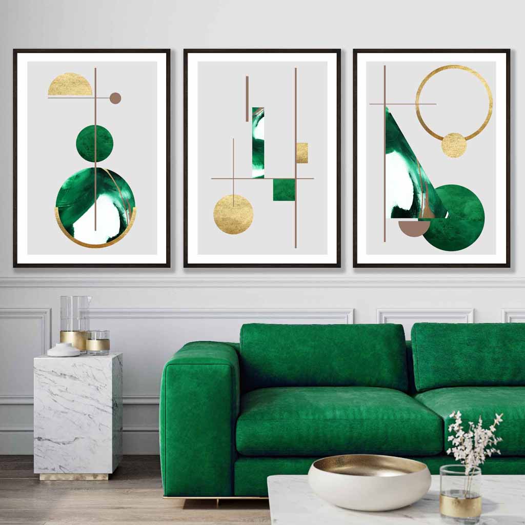 Art Deco-sett med 3 teksturerte, geometriske fototapeter i grønt og gull