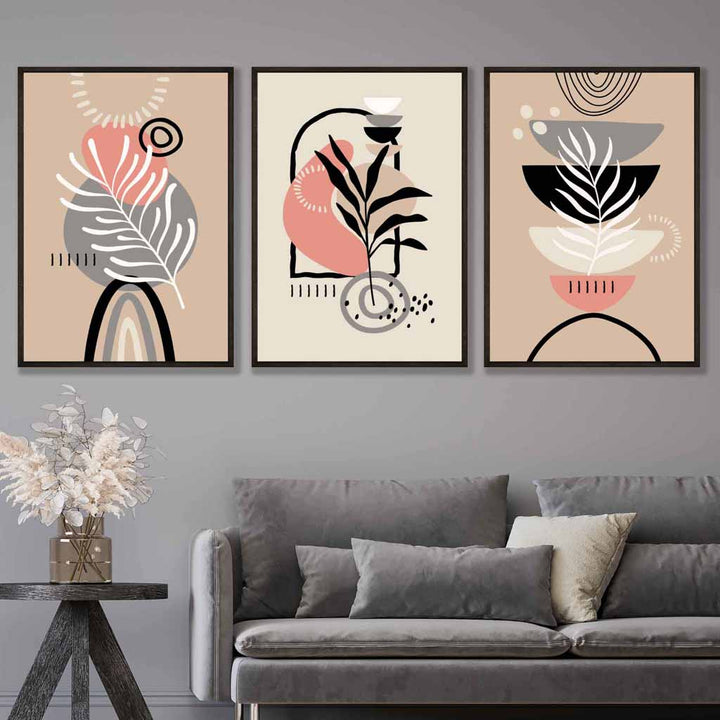 Bohemsk abstrakt sett med 3 veggkunstverk i rosa, svart, beige og grått