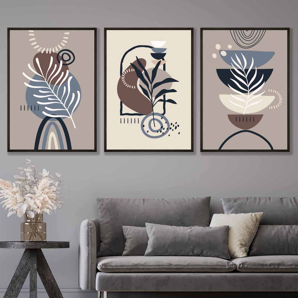 Bohemsk-botanisk sett med 3 veggkunstverk i svart, beige, blått og brunt