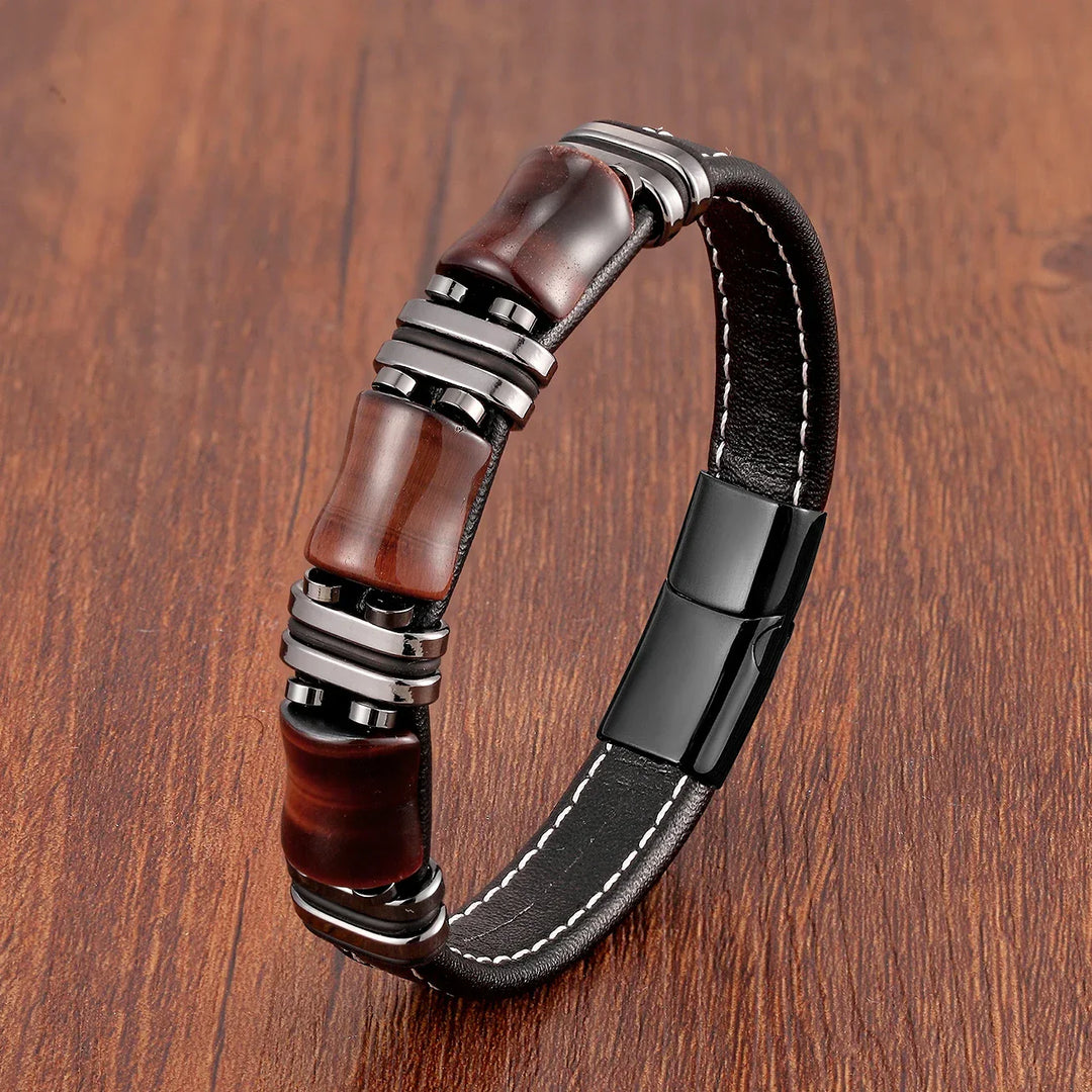 Skanto | Armbånd Skinn Gull | Tiger Eye Perle Herrers Smykker