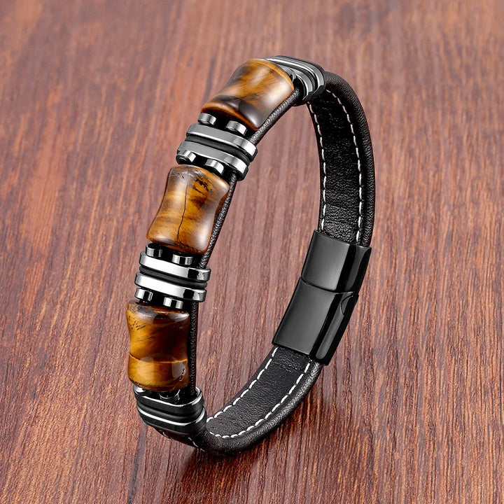 Skanto | Armbånd Skinn Gull | Tiger Eye Perle Herrers Smykker