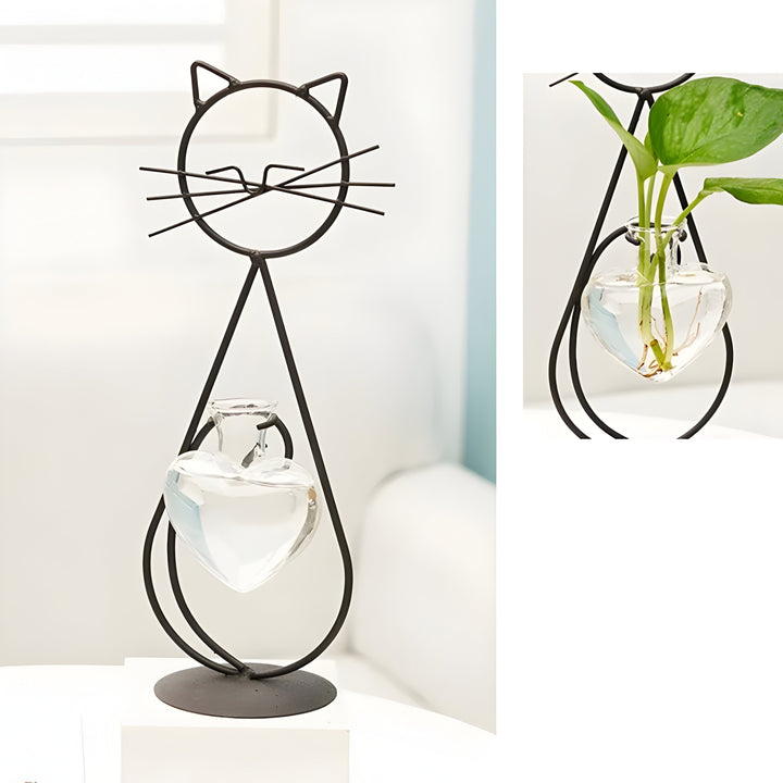 AquaPurr-vase – hydroponisk hjertevase i glass med katteformet holder