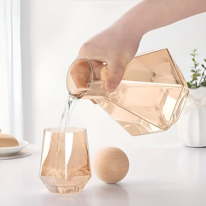 Diamantglasskaraffesett med 4 glasurer – moderne og dekorativt | 5-delers sett med lokk for vann, juice og kullsyreholdig vann