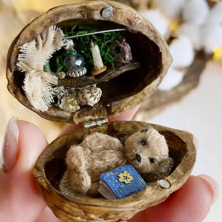 Skanto | Håndlaget. Valnøtt skall dukkehus--Mini bibliotek, liten verden inni valnøtter