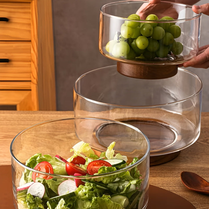 Glassbolle med trebunn – Elegant og dekorativ | Perfekt til frukt, snacks og salater på kjøkkenet