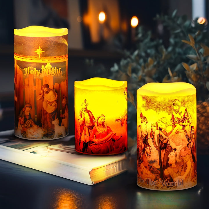 Skanto | Flameless LED Julelys – 3 stk Batteridrevne Hellig Natt Lys med Timer Som Viser Krybbescenen for En varm julehjemstemning
