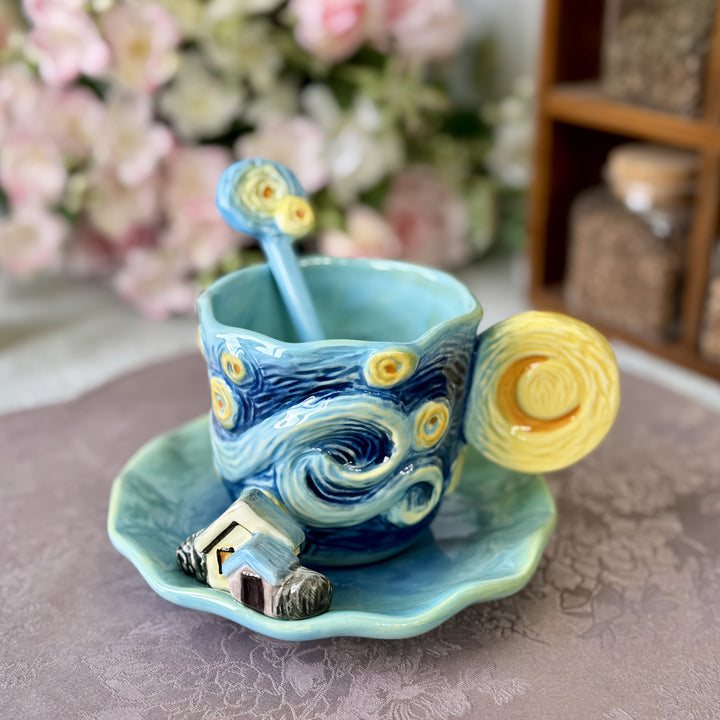ArtSip keramikkopp og underkoppsett – Håndmalt 3D-design inspirert av Van Gogh | Skanto