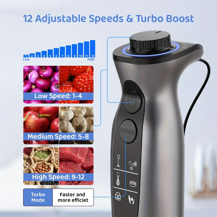 Skanto | 1000W Stavmikser – Håndholdt, Kraftig, Ripesikker, Variabel Hastighet og Turbo-modus, Støysvak, Inkludert Målebeger, Kutter, Visp, Melkeskummer