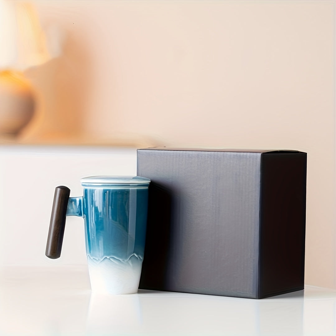 Skanto | TeaCraft Keramisk Kopp | Håndlaget | Med Te-sil og Treskaft | Retro Design