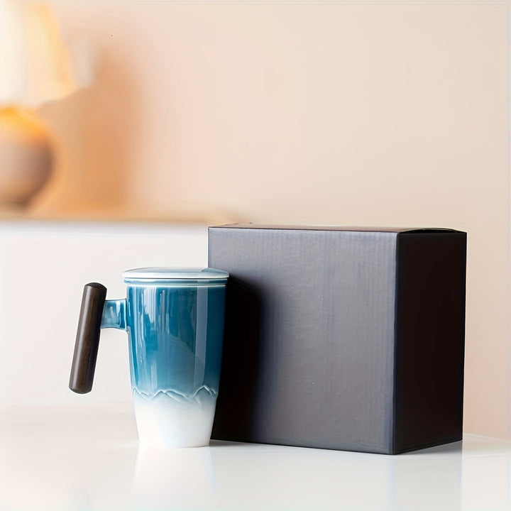 Skanto | TeaCraft Keramisk Kopp | Håndlaget | Med Te-sil og Treskaft | Retro Design