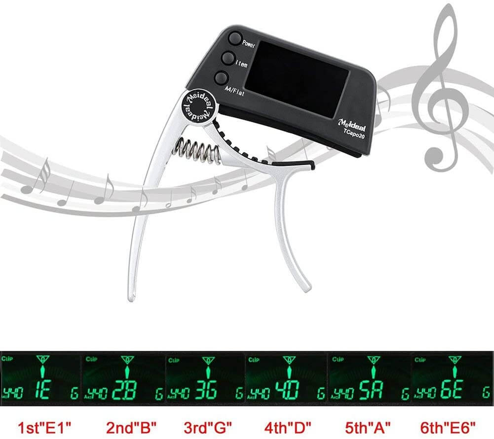 Capo & Tuner "TuneGrip" – 2-i-1 gitar tilbehør med LCD-skjerm | Skanto