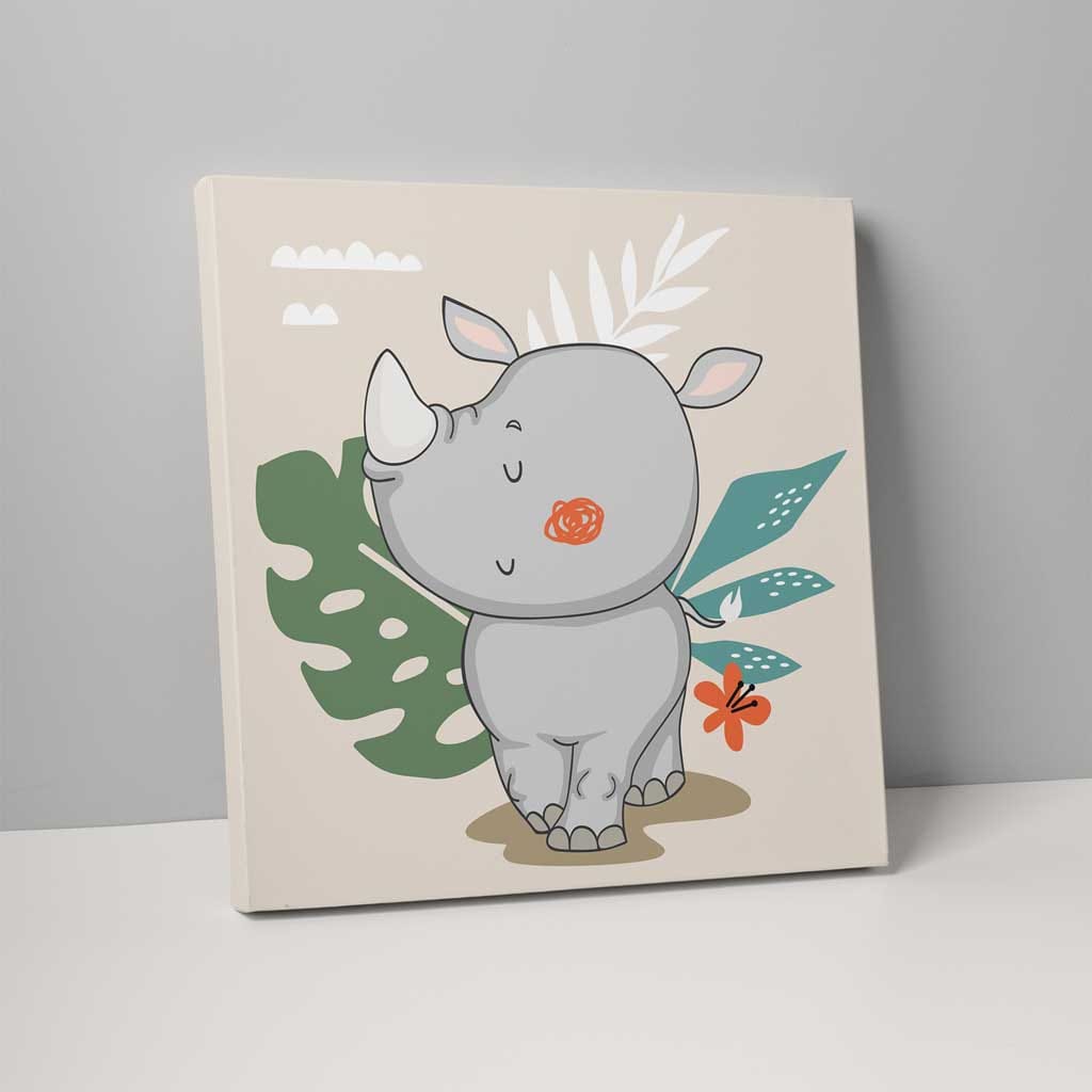Boho Safari Jungle Rhino Beige og Grå på Lerret
