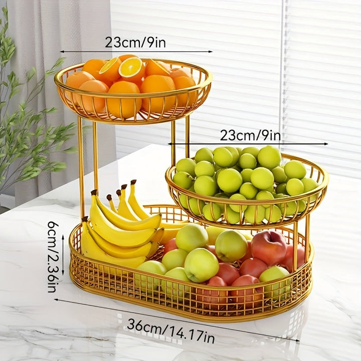 Skanto | Elegant Multi-Tier Metal Fruit Basket - Golden Wire Oval Design | Perfect for Snacks, Cakes & Desserts | Ideal for Easter, Thanksgiving, Christmas Utendørsfeiringer, Utendørs Spise Tilbehør|Multitier Design|Robust Struktur, Frukt Dekor