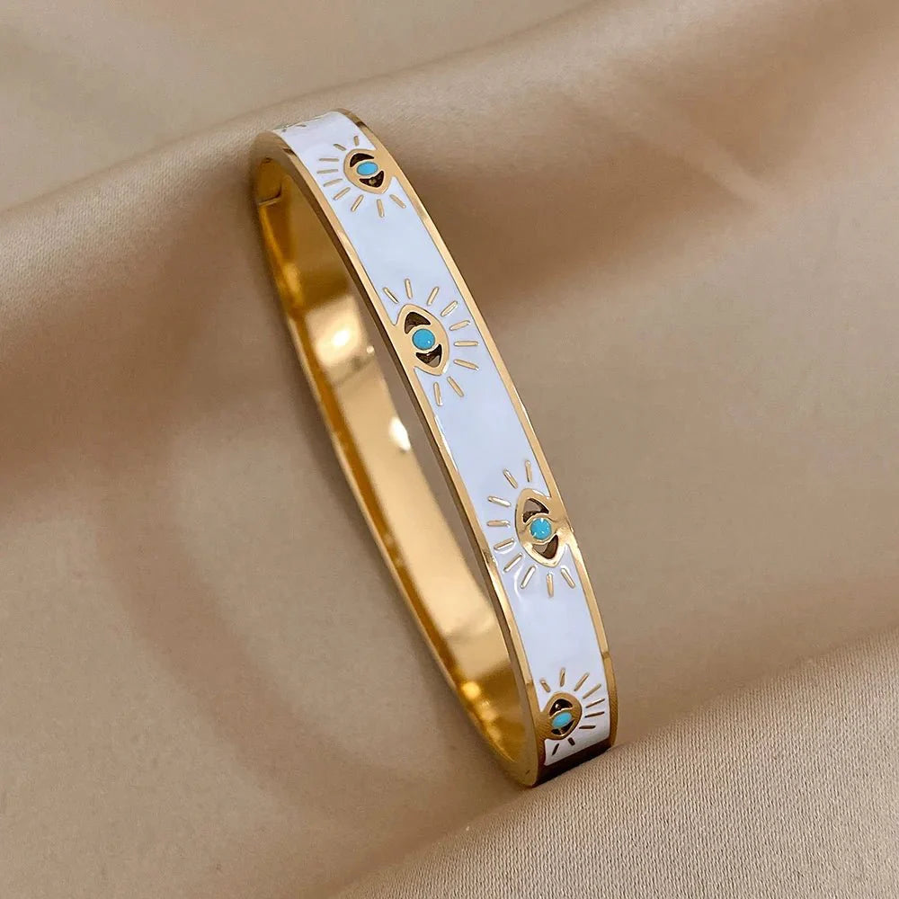 Skanto | Elegant Onde Øye Hvit Emalje Bangle Armbånd