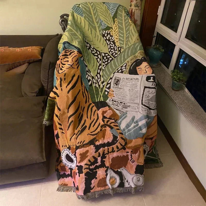 Koselig Tegneserie Tiger Design Kastet Teppe for Hjemmedekor | Skanto