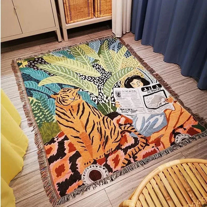 Koselig Tegneserie Tiger Design Kastet Teppe for Hjemmedekor | Skanto