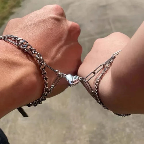 Skanto | Par Magnetisk Hjerte Cuban & Paperclip Kjede Armbånd Sett