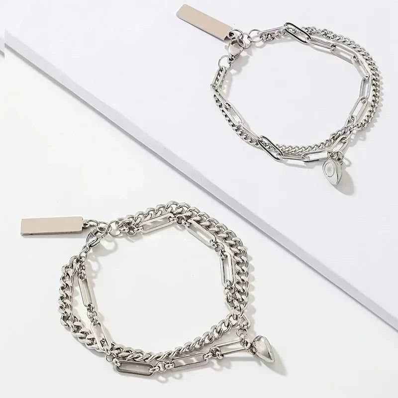 Skanto | Par Magnetisk Hjerte Cuban & Paperclip Kjede Armbånd Sett