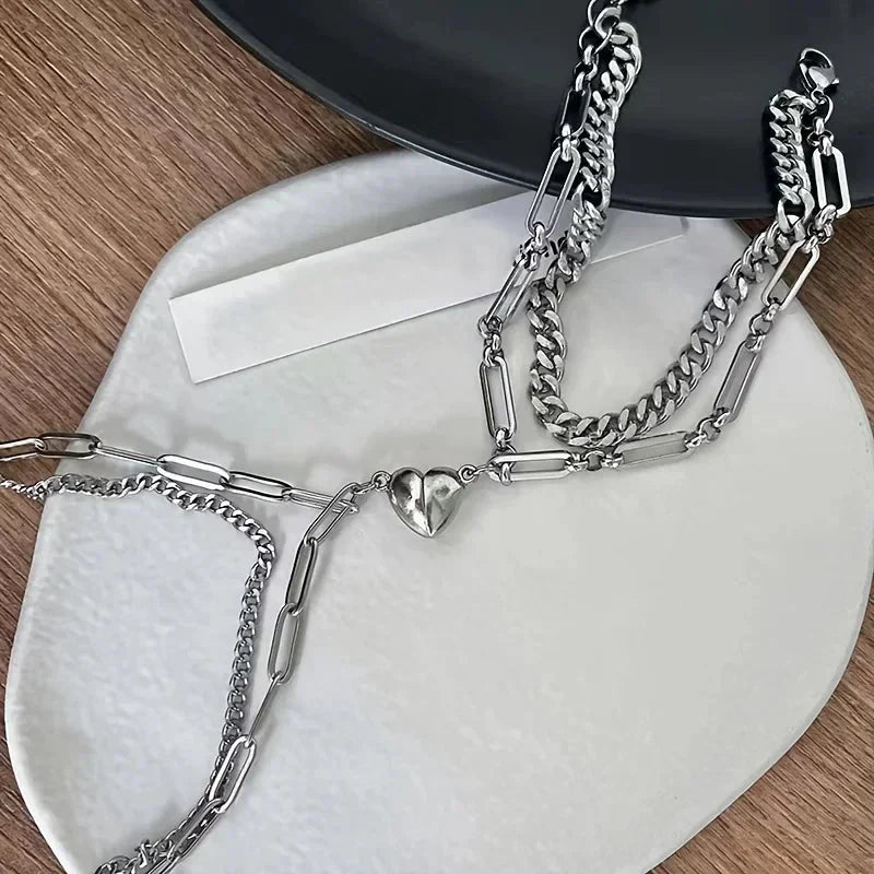 Skanto | Par Magnetisk Hjerte Cuban & Paperclip Kjede Armbånd Sett