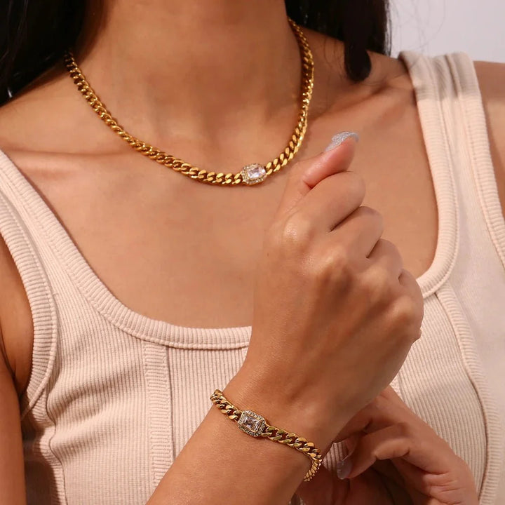 Skanto | Cuban Chain Square Cut Diamond Choker og Armbånd