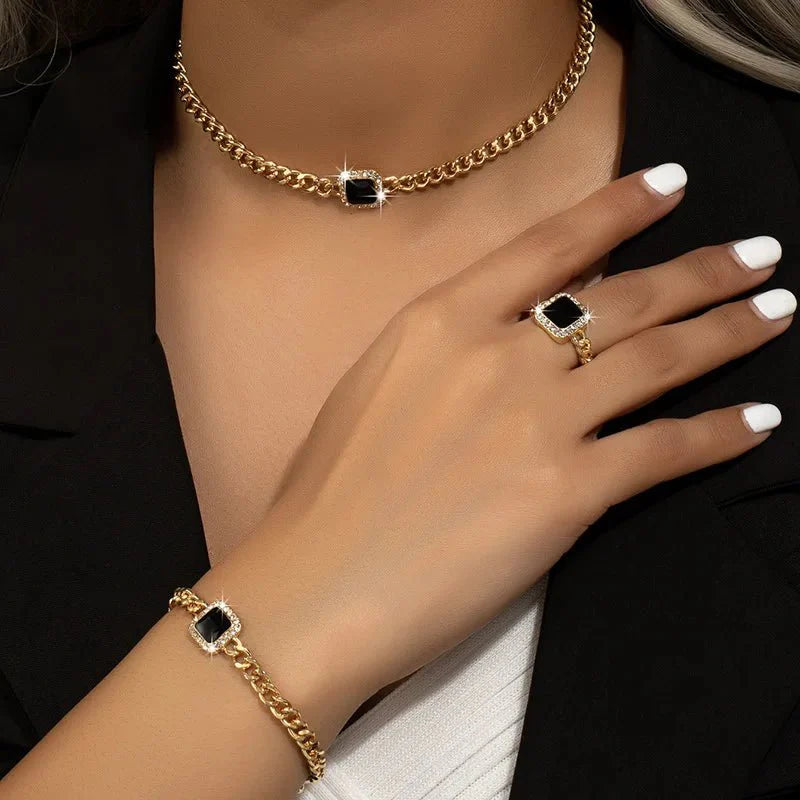 Skanto | Cuban Square Diamond Halskjede, Armbånd og Ring Sett