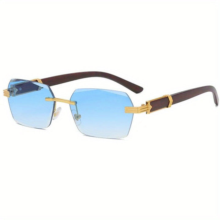 Rimless solbriller med rektangulære linser og faux tre templer – Verro | Skanto