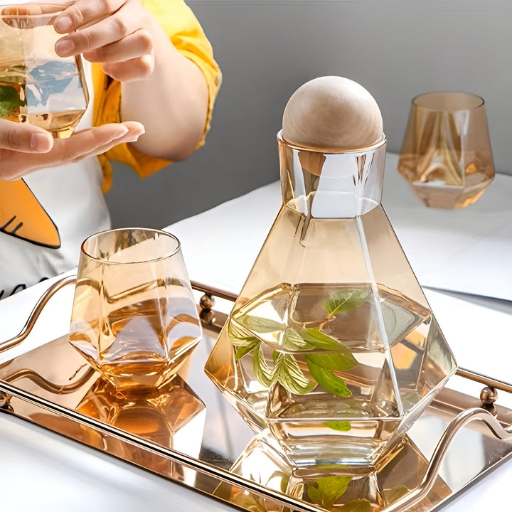 Diamantglasskaraffesett med 4 glasurer – moderne og dekorativt | 5-delers sett med lokk for vann, juice og kullsyreholdig vann