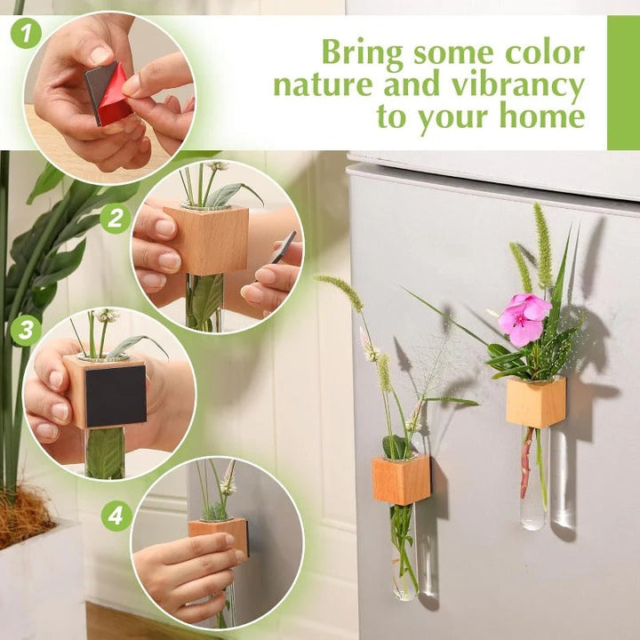 Skanto | Magnetisk Mini Vase – Tre & Glass Veggmontert Dekor for Blomster & Klipp
