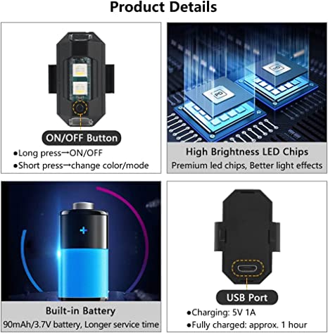 7 farger LED flylys strobe og USB lader | Skanto