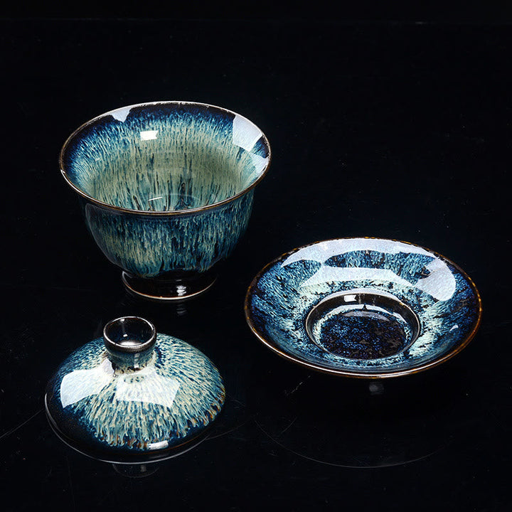 Skanto | Vintage Brennovn Keramisk Gaiwan Sancai Tekopp Tekopp og Tallerken med Lokk