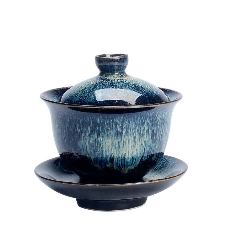 Skanto | Vintage Brennovn Keramisk Gaiwan Sancai Tekopp Tekopp og Tallerken med Lokk