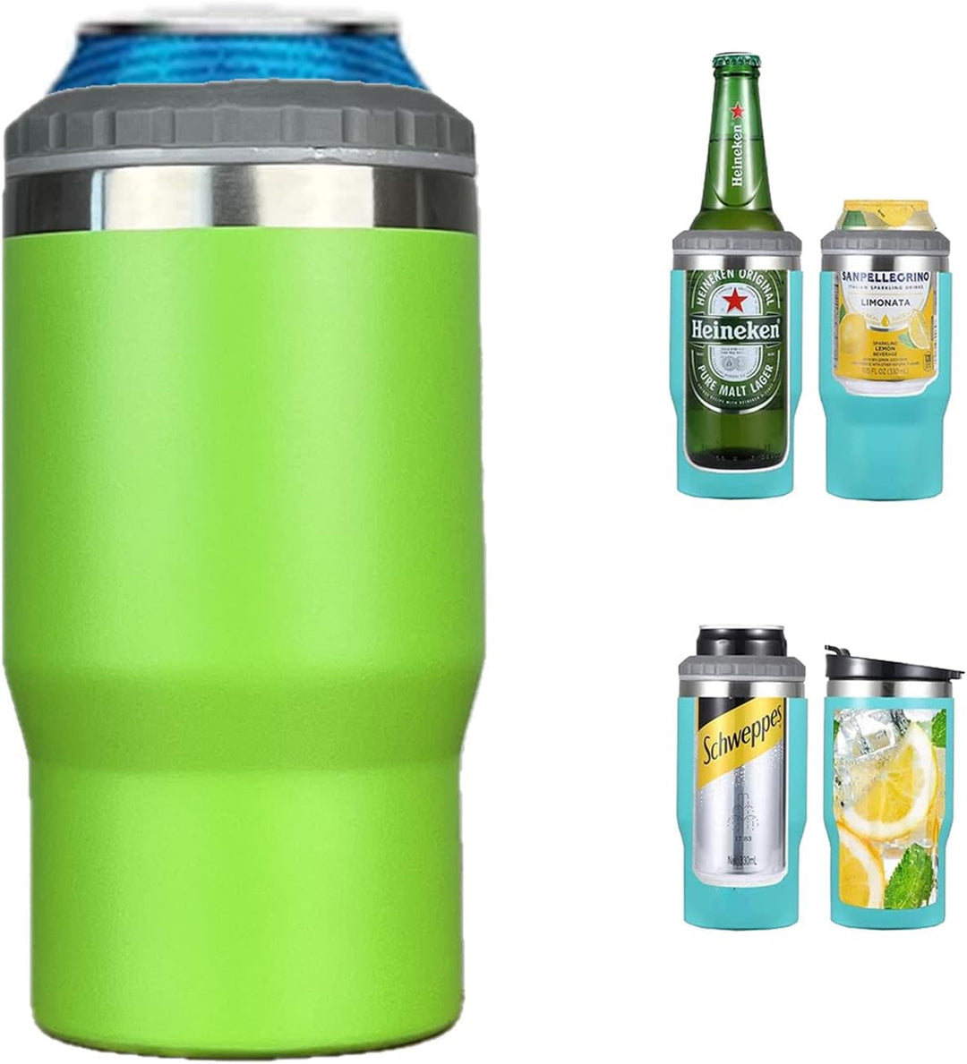 Skanto | 4 i 1 rustfritt stål boks/flaske isolator, 14Oz toveis lokk SUS isolert boks kjøler, ølboksholder (Svart)