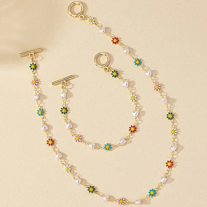 Skanto | Delikat Vår Blomster Perle Armbånd og Halskjede Sett