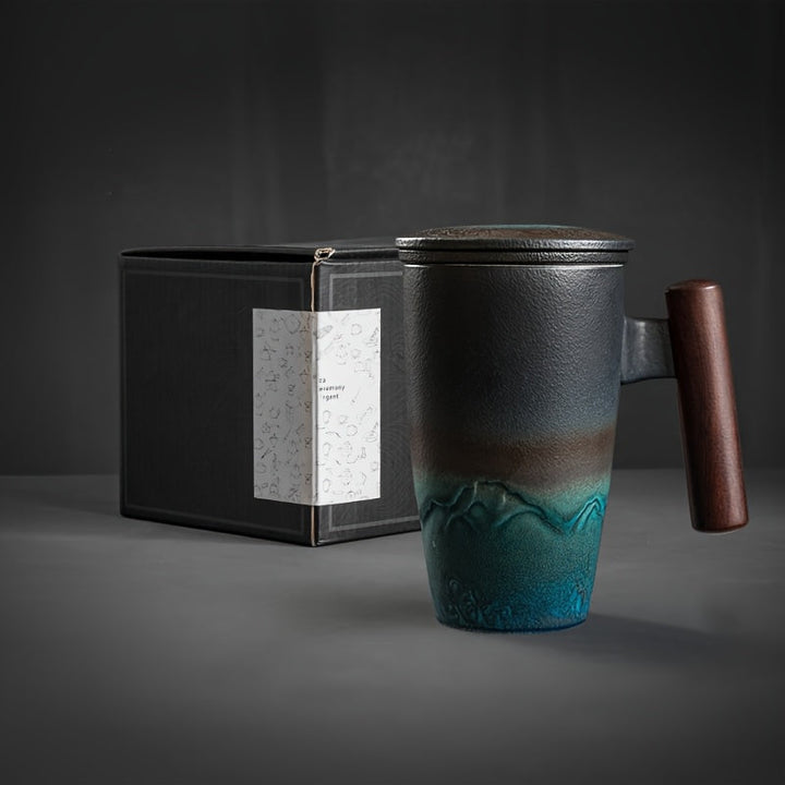 Skanto | TeaCraft Keramisk Kopp | Håndlaget | Med Te-sil og Treskaft | Retro Design