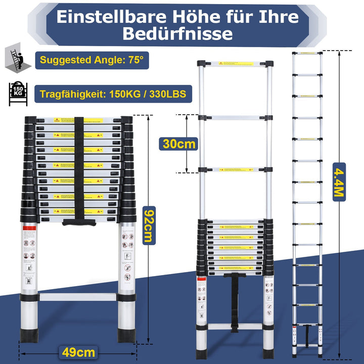 Teleskopisk stige Aluminium Belastningsevne opp til 150kg 2,6m-5m | Skanto