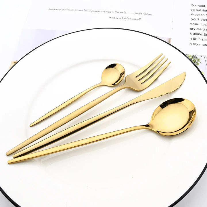 Rustfritt Stål Premium Servise Sett - Inkluderer Steakkniv, Gaffel, Kaffe Ske, Teskje og Bestikk Bolle