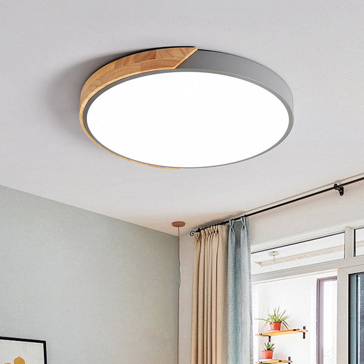 Minimalistisk Rund LED Taklampe med Tredekor – Moderne Design, Dimbar | Skanto