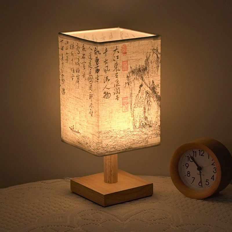 LED bordlampe i firkantet design – trebase med japansk mønster | Skanto