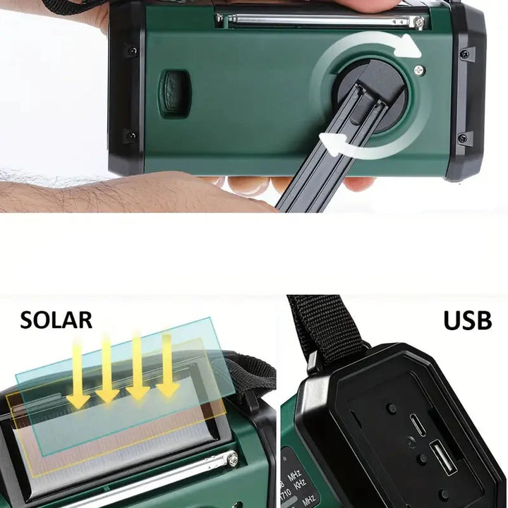 Skanto | Sol nød radio med power bank – sveiv radio med LED lys for camping & utendørs