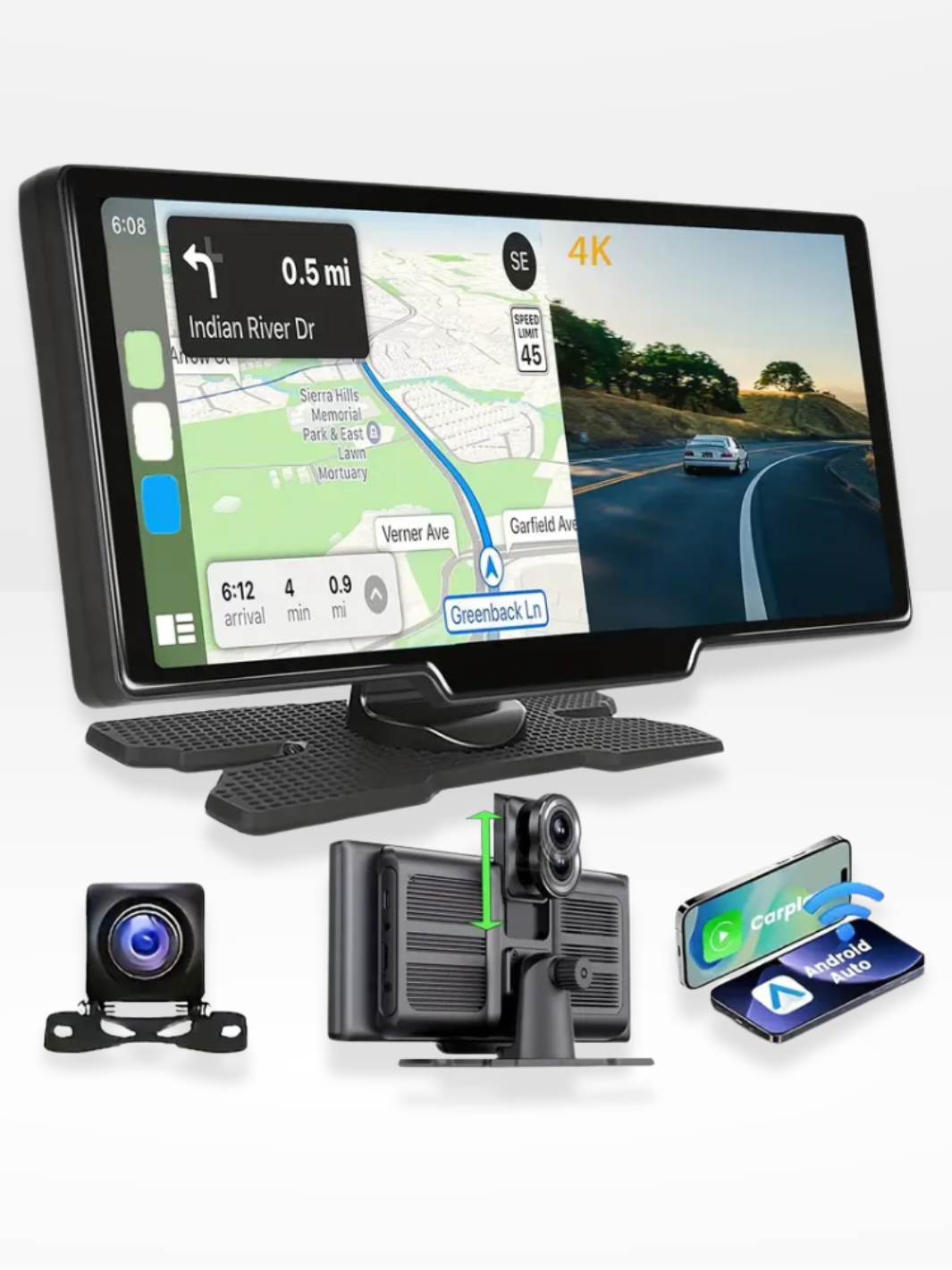 Skanto | Trådløs CarPlay-skjerm med innebygd 4K dashcam og valgfri bakkamera – 10,26" IPS-skjerm