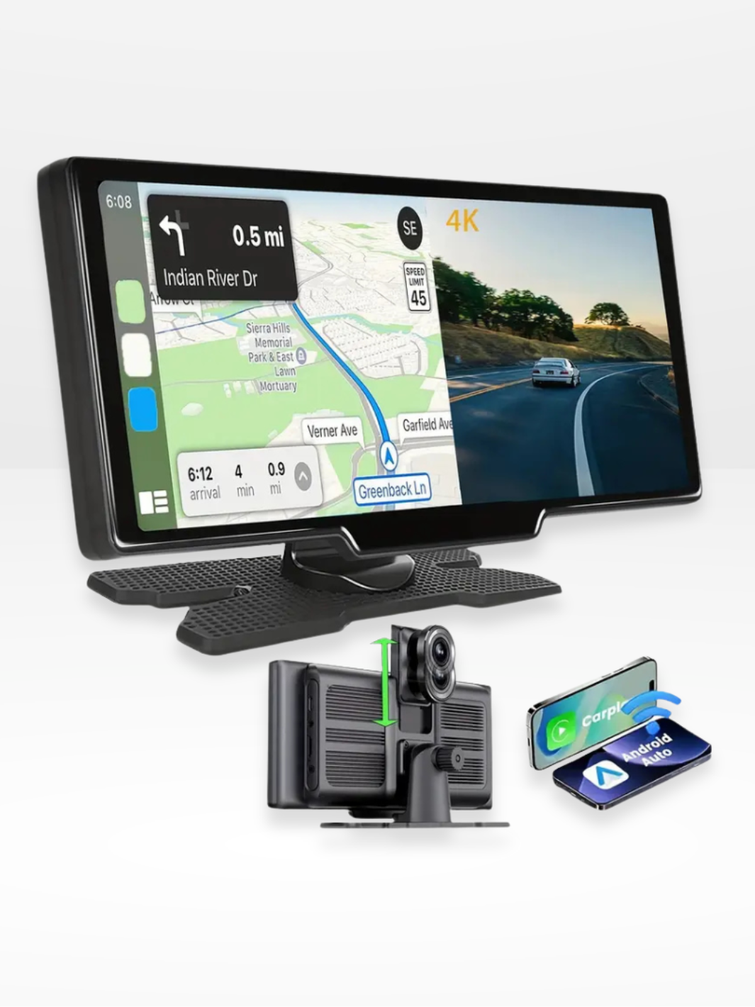Skanto | Trådløs CarPlay-skjerm med innebygd 4K dashcam og valgfri bakkamera – 10,26" IPS-skjerm