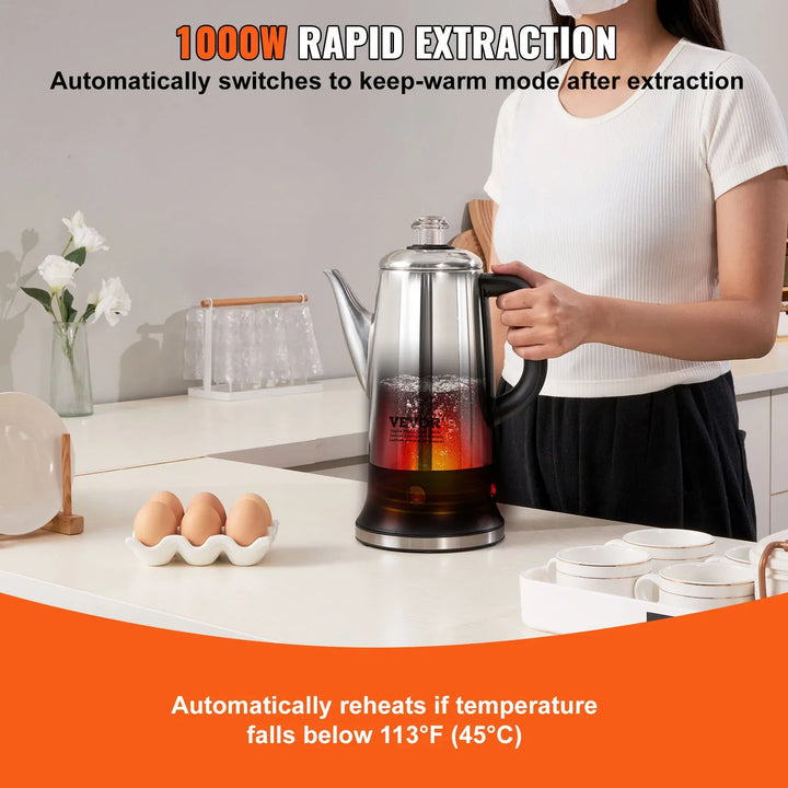 Elektrisk Kaffekanne Rustfritt Stål Kaffe Perkolator med Hold Varm | Skanto