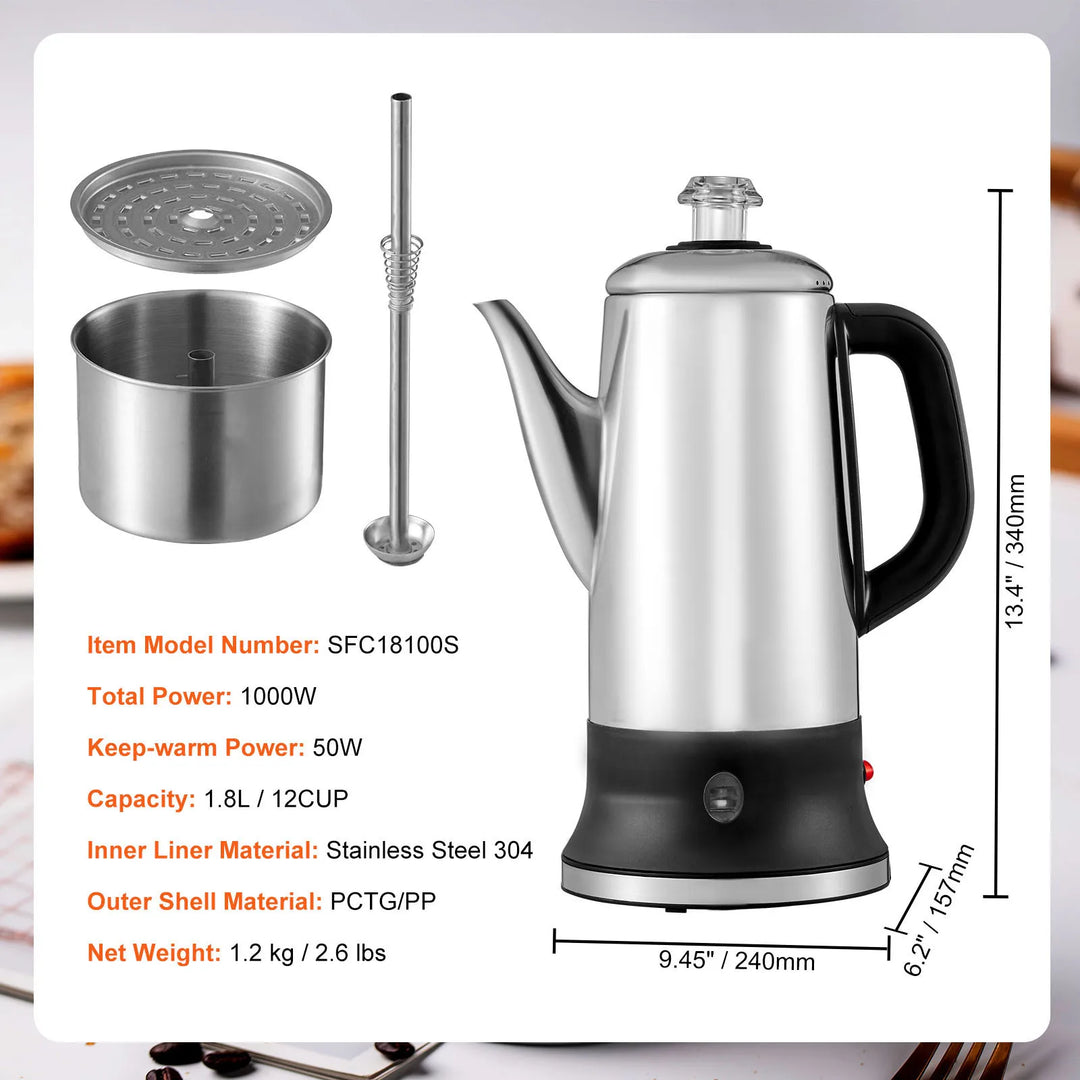 Elektrisk Kaffekanne Rustfritt Stål Kaffe Perkolator med Hold Varm | Skanto