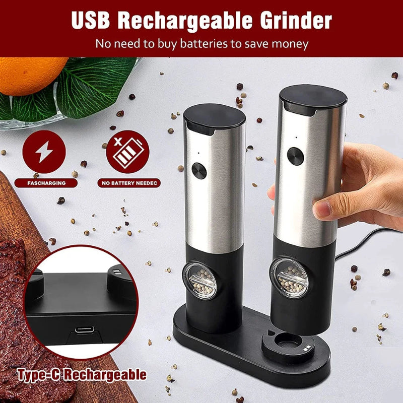 Elektrisk salt pepperkvernsett USB-oppladbar automatisk krydderkvern | Skanto