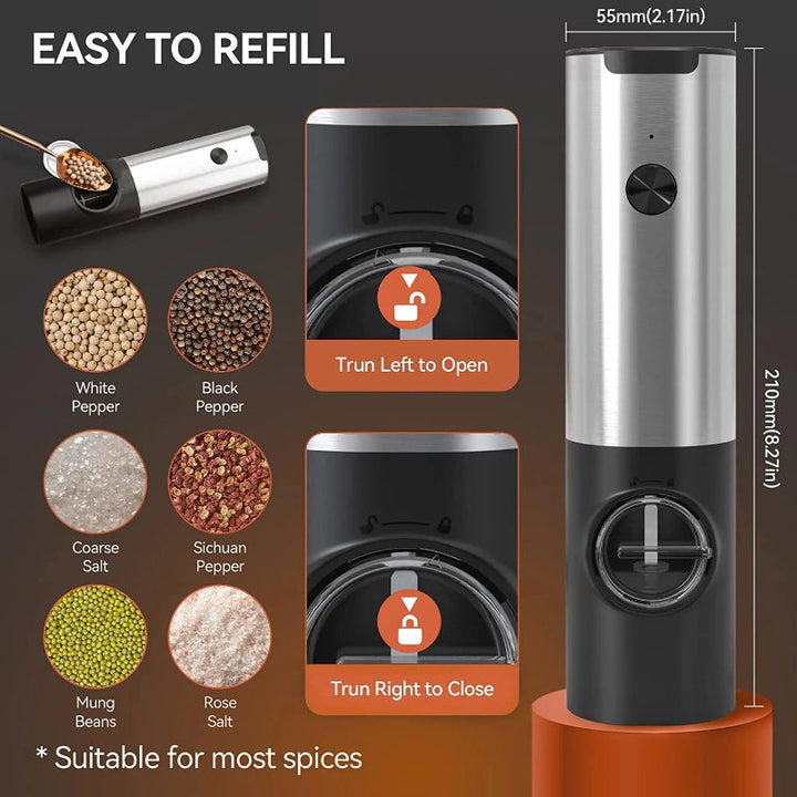 Elektrisk salt pepperkvernsett USB-oppladbar automatisk krydderkvern | Skanto