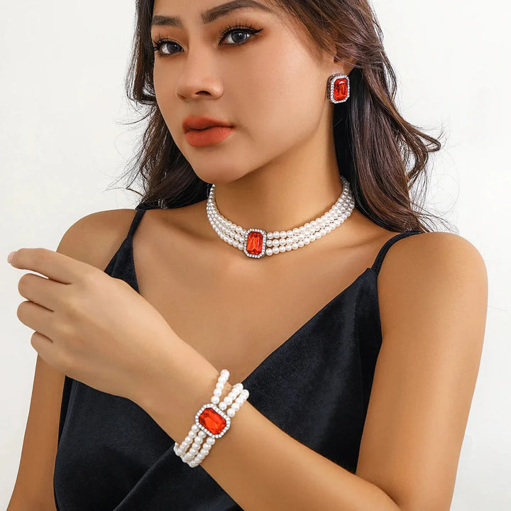 Skanto | Elegant Perle Diamant Smykke, Armbånd og Ørepynt Sett