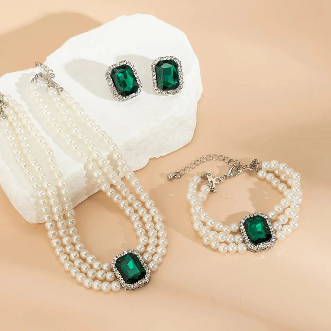 Skanto | Elegant Perle Diamant Smykke, Armbånd og Ørepynt Sett