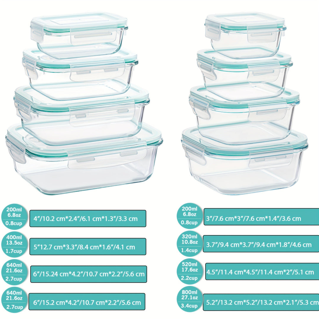 Skanto | 8-Pack Glass Matboksbeholdere – Lufttette Måltid Forberedelse Bento-bokser med lekkasjesikre, låsbare lokk, mikrobølgeovn-, ovn-, fryse- og oppvaskmaskinsikre, BPA-frie
